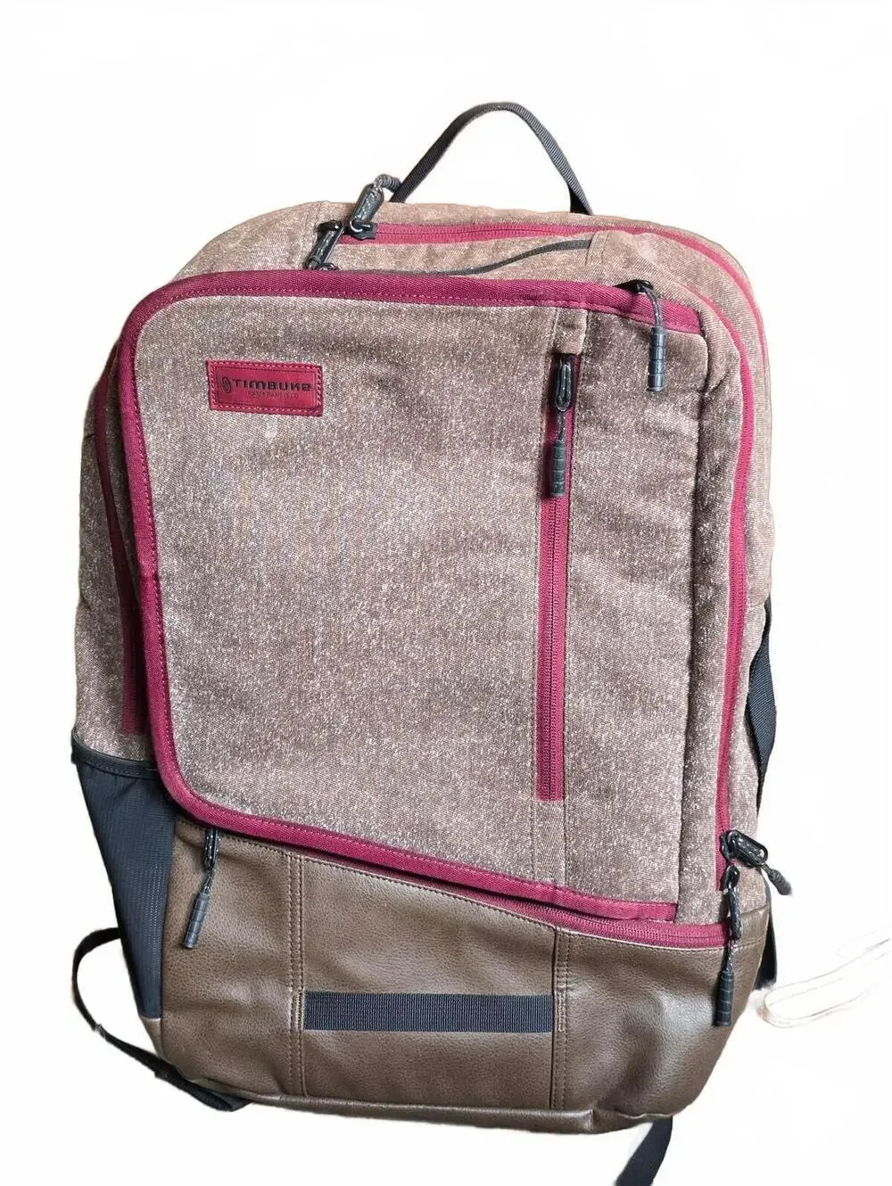 Timbuk2 Q Laptop Backpack Burgundy Twill and Brown TSA Friendly